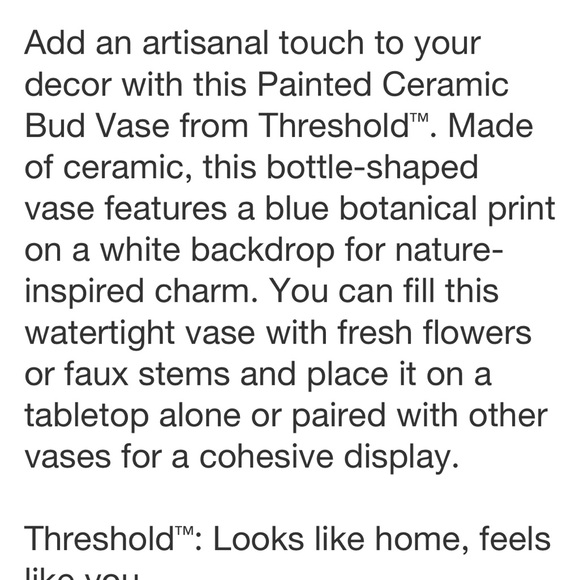 THRESHOLD NWT blue bird painted ceramic bud vase -blue/white - Picture 6 of 7